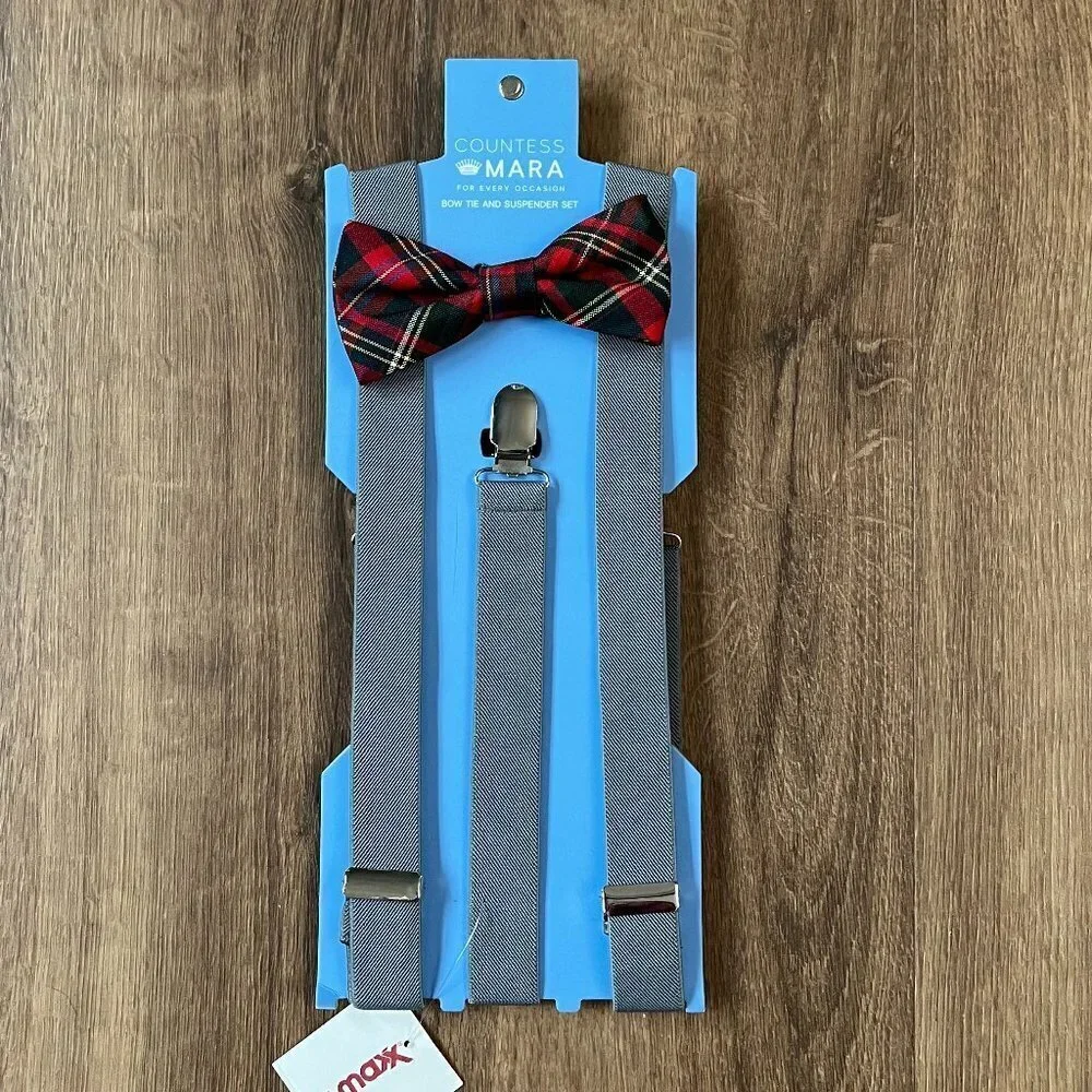 Countess Mara Red Plaid Bow Tie and Suspenders Youth